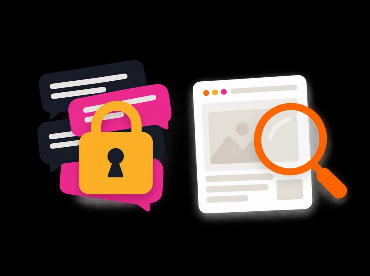 Private messages locked away while a public web page is checked with a magnifying glass