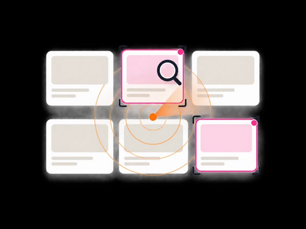 A radar scan sweeping a grid of posts, with two matches flagged in pink